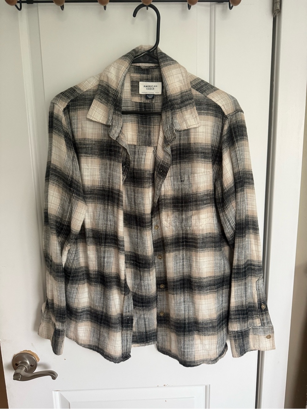 American Eagle Outfitters Beige and Black Plaid Button-Down Shirt very soft